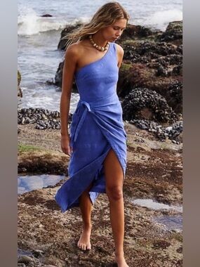 Free People At Leisure Blue One Shoulder Wrap Midi Dress Boho Large